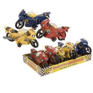 Spillzeug-Motorrieder gef&euml;llt mat S&eacute;issegkeeten am Display (6 Stk.)