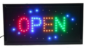 LED Reklammesch&euml;ld OPEN - 4 Faarwen - Bl&eacute;nkend