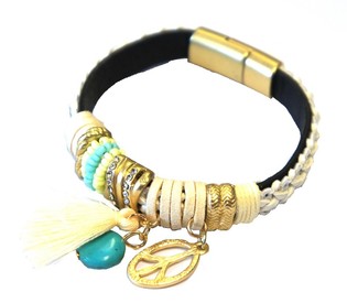 Ibiza-Armband Creme mat Tassel & Peace-Unh&auml;nger (1 Stk.)