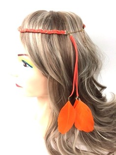 Geflochtenen Hoorband mat Fiederen Orange (1 Stk.)