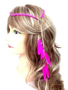 Geflochtenen Hoorband mat Fiederen Ibiza-Look Fuchsia (1 Stk.)