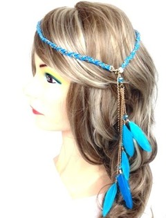 Geflecht Ibiza-Haarband mat Fiederen Turquoise (1 Stk.)