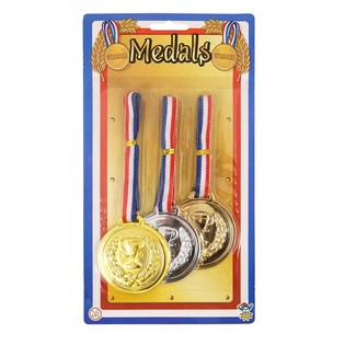 3 Gew&euml;nner-Medaillen op Kaart (Gold, S&euml;lwer, Bronze) 6Stk.
