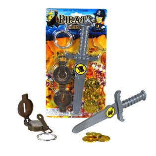Piratespillset: Dolch, Kompass, Ouerr&eacute;ng & M&euml;nzen op Kaart (6 Stk.)