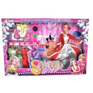 Grousse Poppeset mat verschiddenen Accessoiren